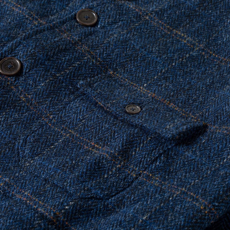 UNIVERSAL WORKS x FLÂNEURS Harris Tweed Plaid Cabin Jacket Navy poche