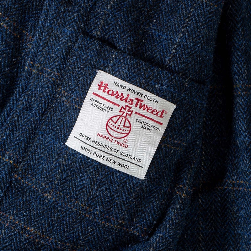 UNIVERSAL WORKS x FLÂNEURS Harris Tweed Plaid Cabin Jacket Navy tag