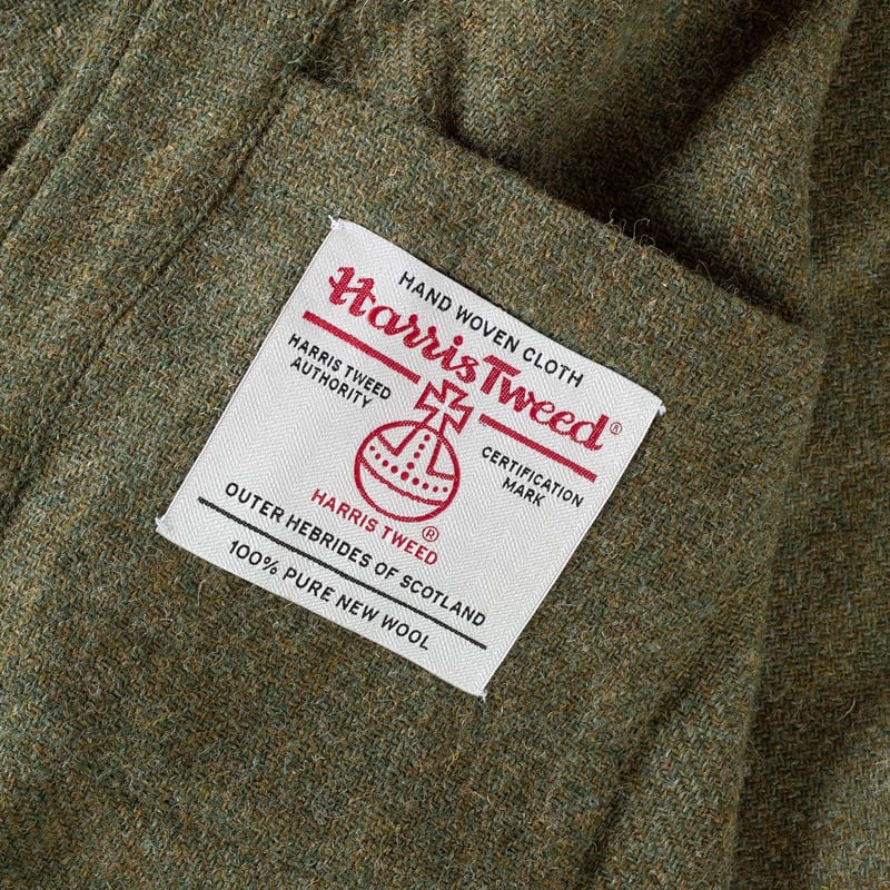 UNIVERSAL WORKS x FLÂNEURS Harris Tweed Plaid Cabin Jacket Green tag