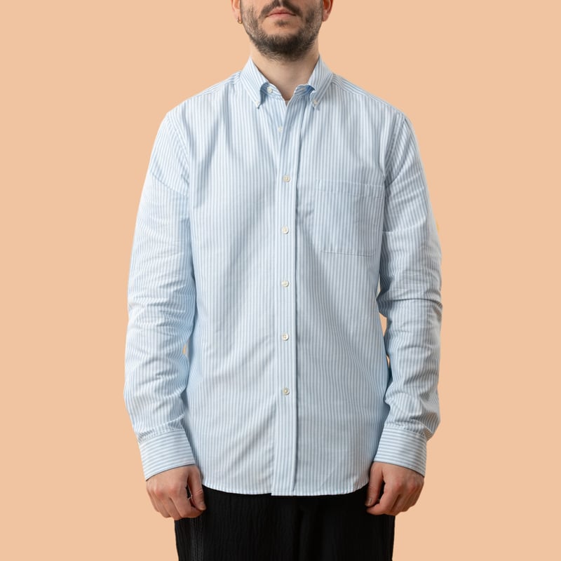 image flâneurs chemise PORTUGUESE FLANNEL Belavista stripe open blue portée de face