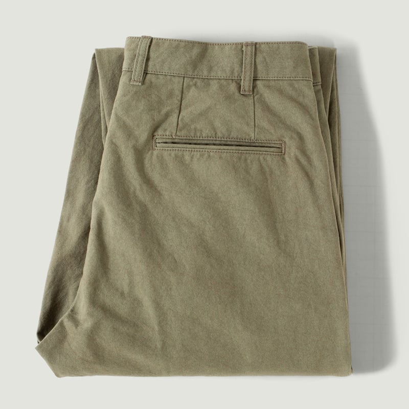 Vignettes flaneurs BEAMS PLUS x FLANEURS collaboration pantalon chino 2 Pleats Trousers Canvas Washer Green