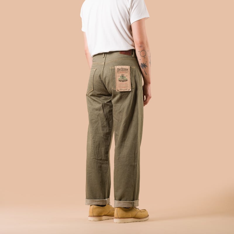Image-Flâneurs_ONI DENIM / 822-18oz Super Wide Tapered Olive Drab Denim de dos