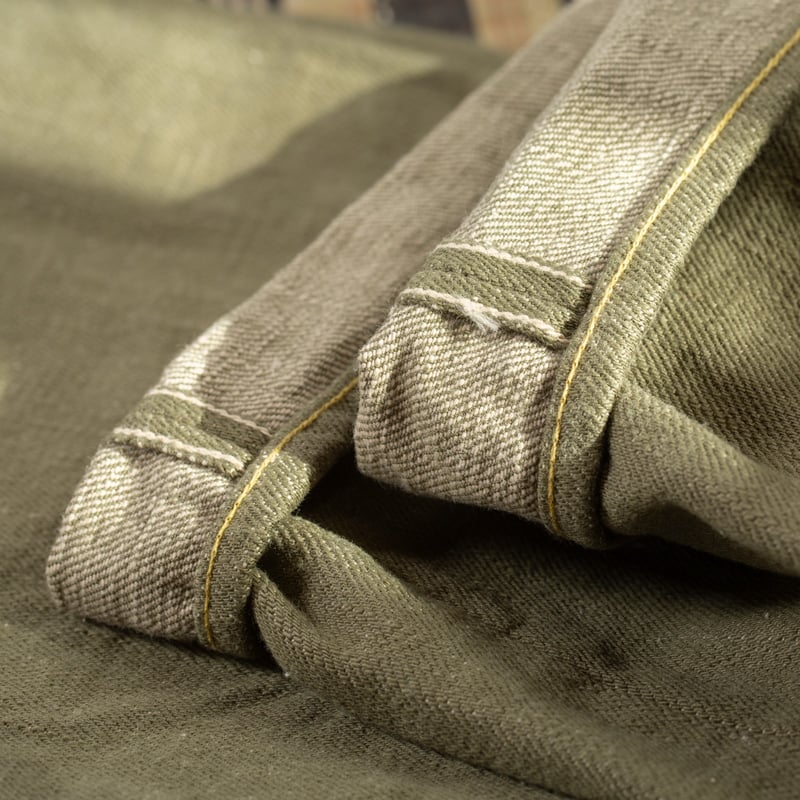 détail selvedge ID flaneurs ONI DENIM  822-18oz Super Wide Tapered Olive Drab Denim