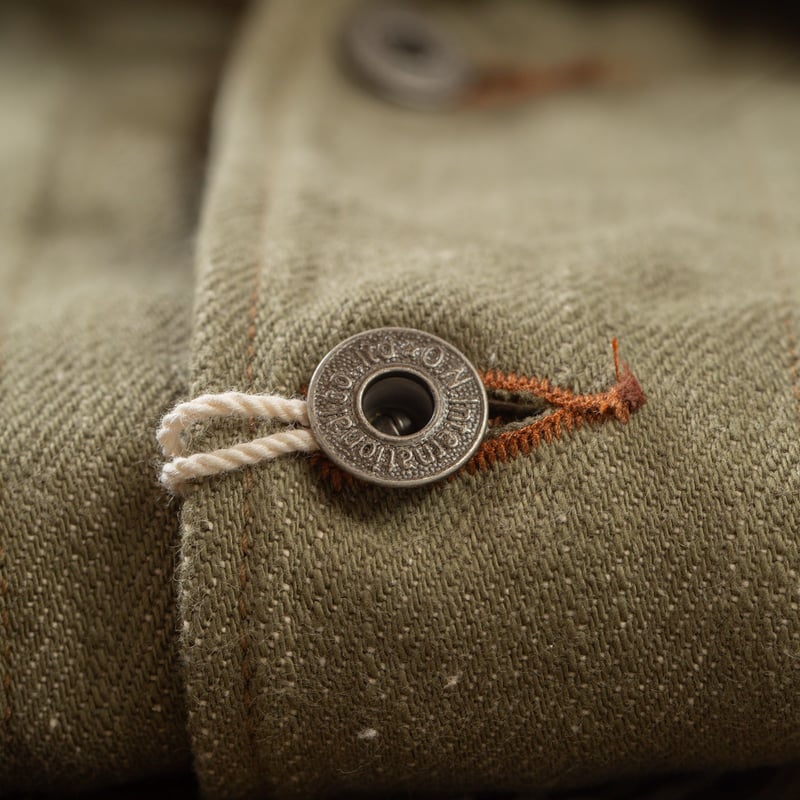 détail bouton flaneurs ONI DENIM  03502-18oz Olive Drab Denim Coverall
