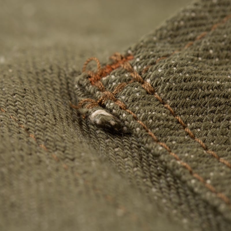 détail peekaboo flaneurs ONI DENIM  03502-18oz Olive Drab Denim Coverall