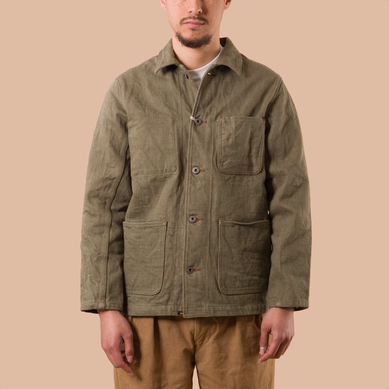 image porté de face flaneurs ONI DENIM 03502-18oz Olive Drab Denim Coverall
