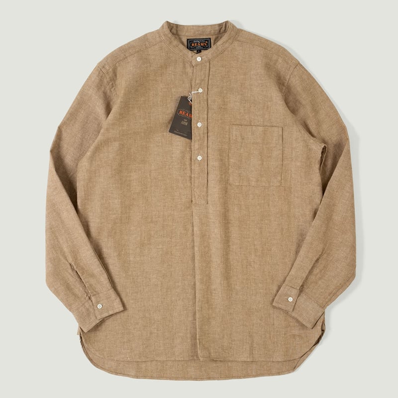 Vignettes flaneurs chemise sans col herrigbone camel Beams Plus Japan
