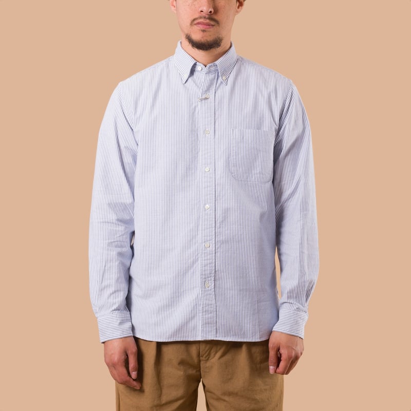 image portée de face flaneurs chemise oxford candy stripe blue Beams Plus Japan