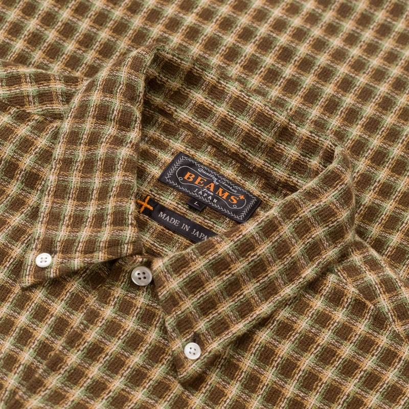 Image flâneurs BEAMS PLUS / Open B.D. Panama Plaid Double Face Brown détail col
