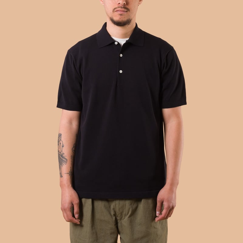 Image-Flâneurs_BEAMS PLUS / Knit Polo 12G Black de face
