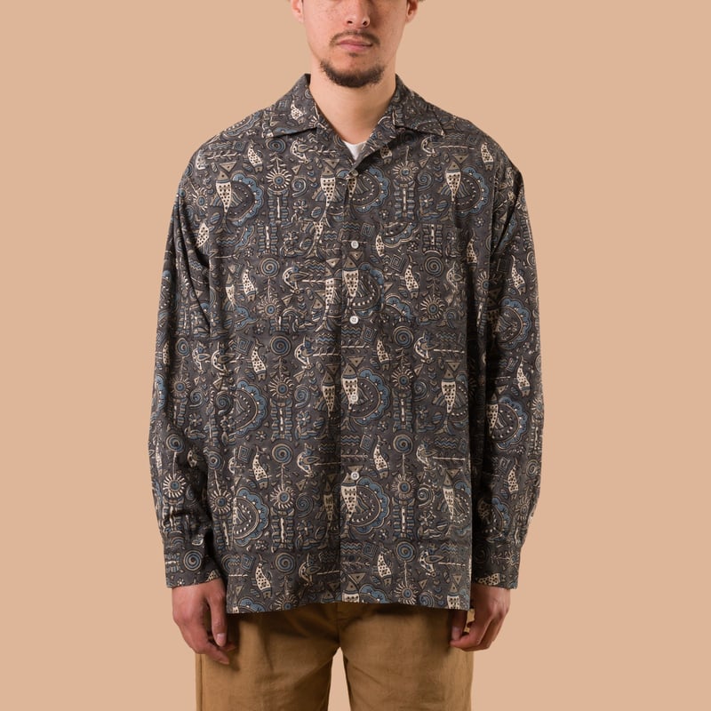 image flaneurs chemise Beams plus Open Collar Shirt Block Print Navy de face 1
