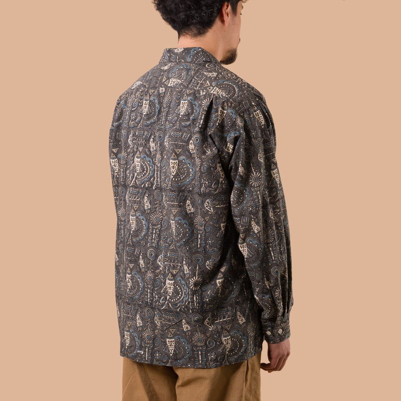 image flaneurs chemise Beams plus Open Collar Shirt Block Print Navy de dos