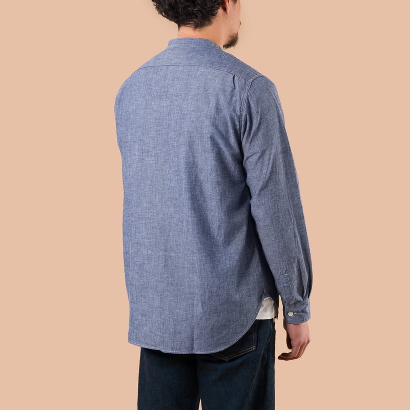Image flâneurs FOB FACTORY / F3428 Selvedge Chambray Band Collar Shirt de dos