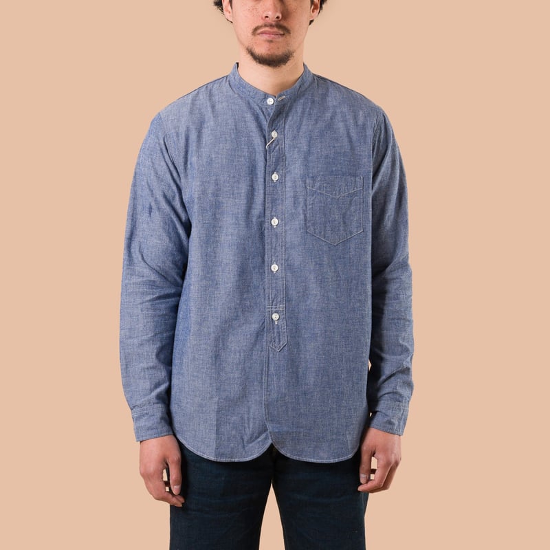Image flâneurs FOB FACTORY / F3428 Selvedge Chambray Band Collar Shirt de face