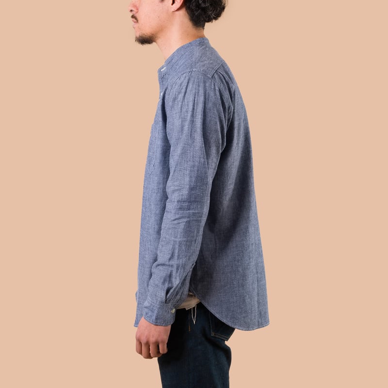 Image flâneurs FOB FACTORY / F3428 Selvedge Chambray Band Collar Shirt de profil
