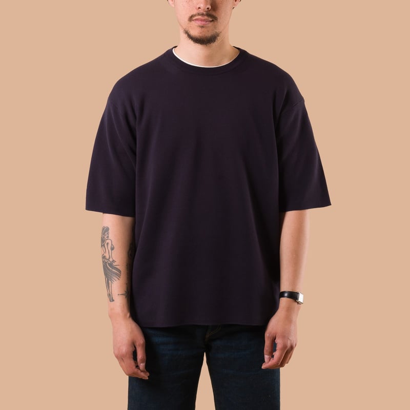 Image-Flâneurs_BATONER / 32G Smooth T-Shirt Navy de face