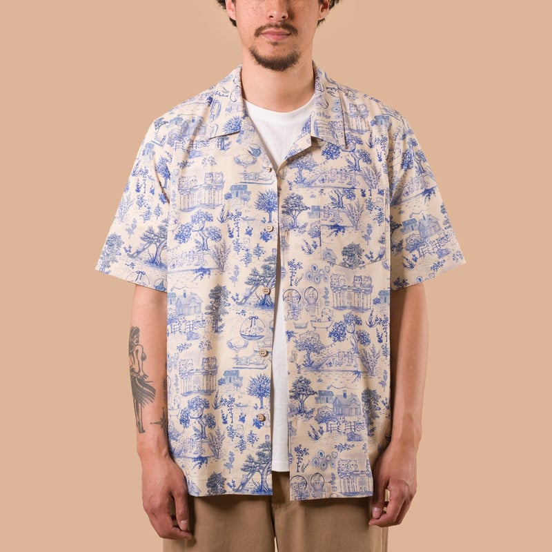 Image flâneurs Naked & Famous Aloha Shirt Linen Cats Blue de face