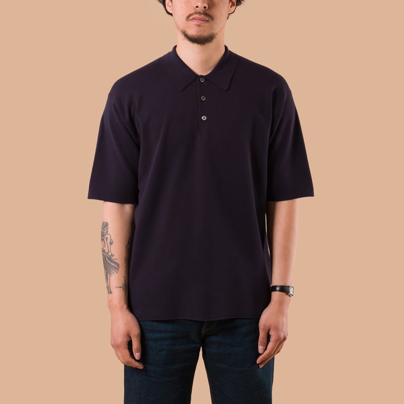 image flâneurs BATONER / 32G Smooth Knit Short Sleeve Polo Navy de face