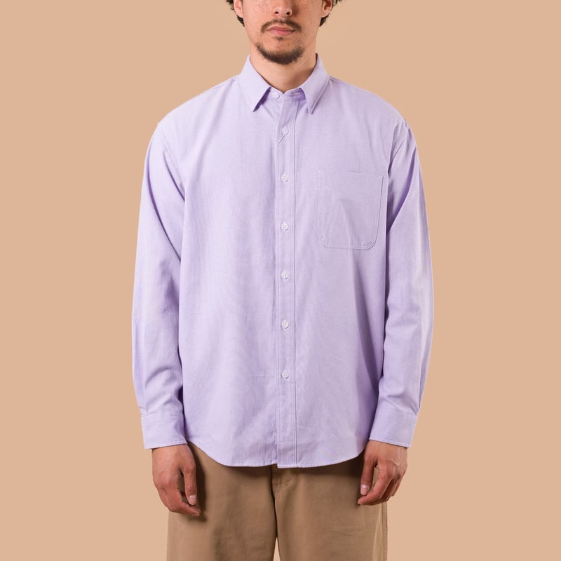 Image flâneurs porté de face chemise FRIZMWORKS OG Oxford Oversized Shirt Purple de face