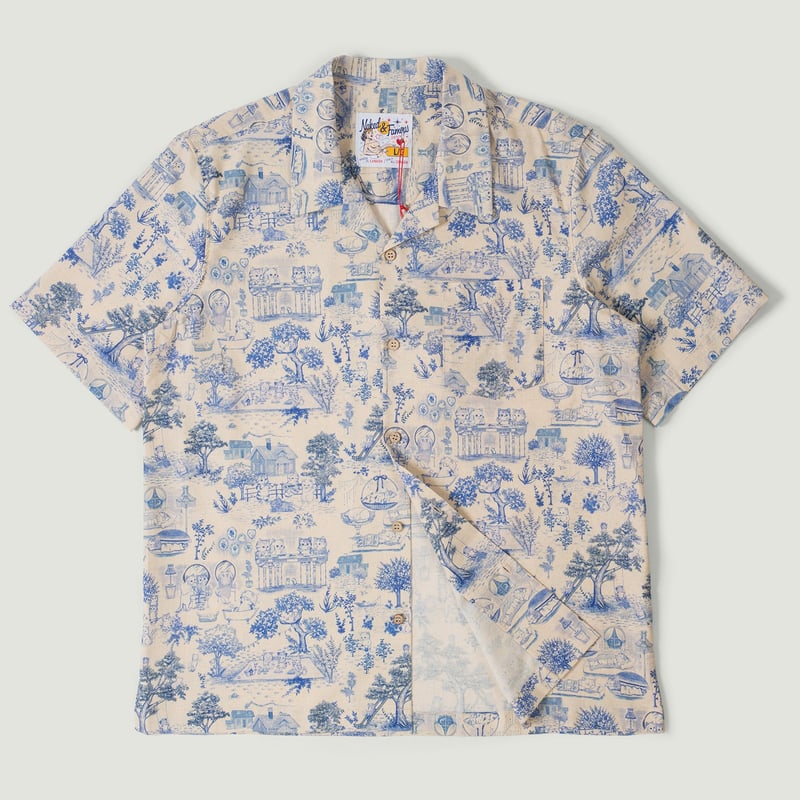 Vignettes flaneurs chemise NAKED & FAMOUS Aloha Shirt Linen Cats Blue