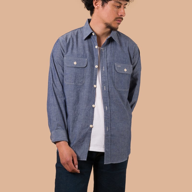 Long Sleeve Chambray Work Shirt Blue