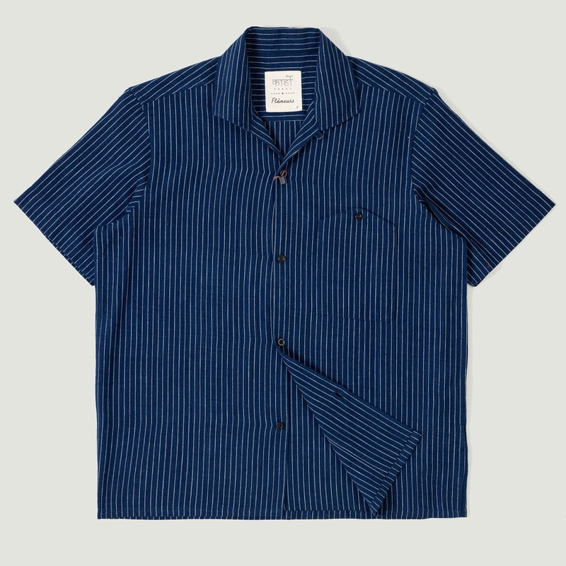 Vignettes KARDO x FLANEURS chemisette motif Shirt Handwoven Stripes Indigo