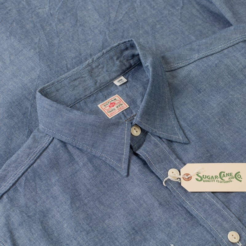 détails flaneurs SUGAR CANE Long Sleeve Chambray Work Shirt Blue (2)