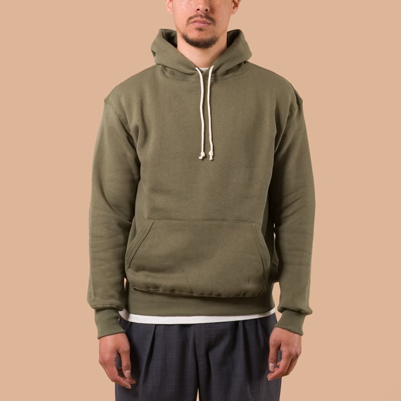 image porté flaneurs sweat WAREHOUSE & CO. Lot. 450 Two Needle Hooded Sweatshirt od green de face