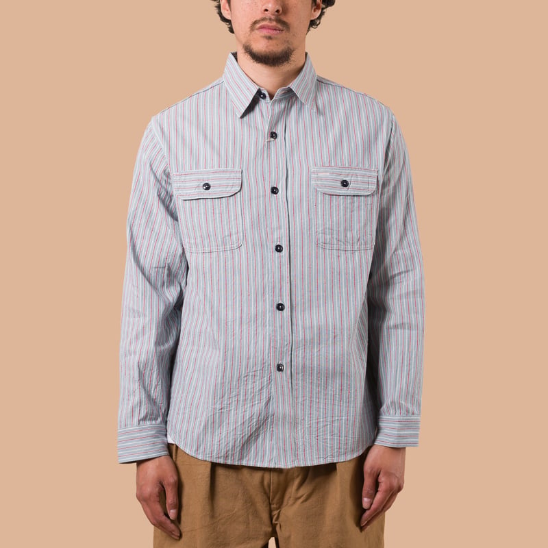 image flâneurs SUGAR CANE / Long Sleeve Dobby Stripe Work Shirt Blue de face
