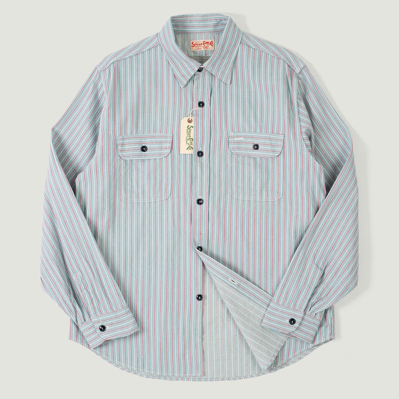 Vignettes flaneurs SUGAR CANE Long Sleeve Dobby Stripe Work Shirt Blue