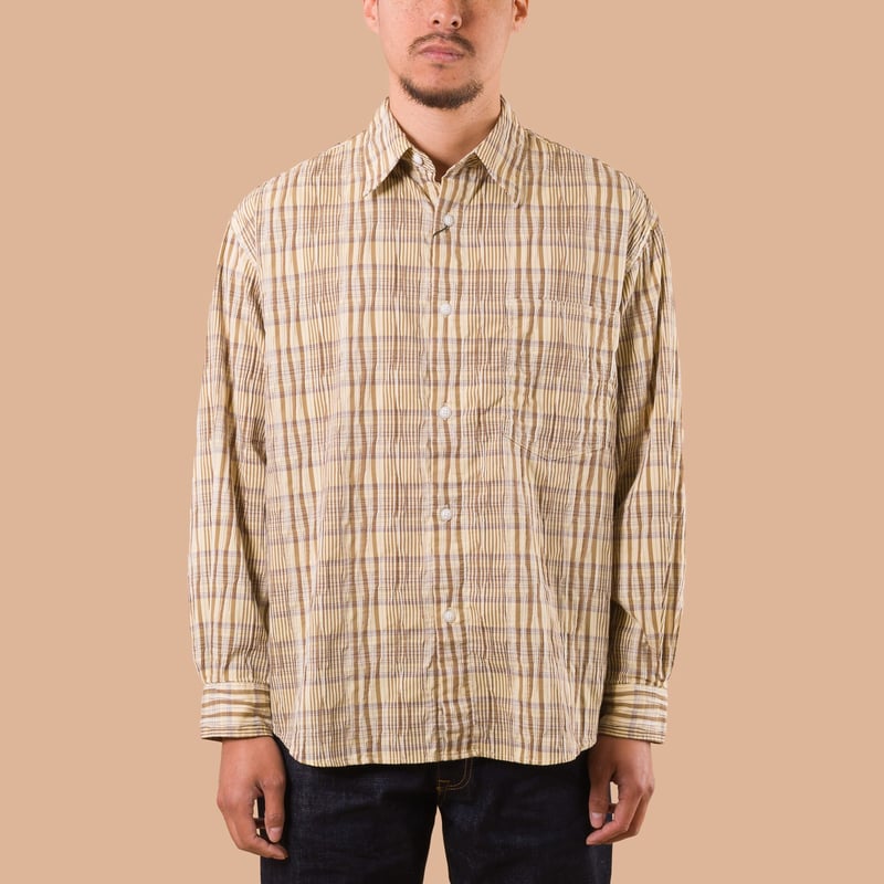 Gathered Seersucker Check Shirt Beige