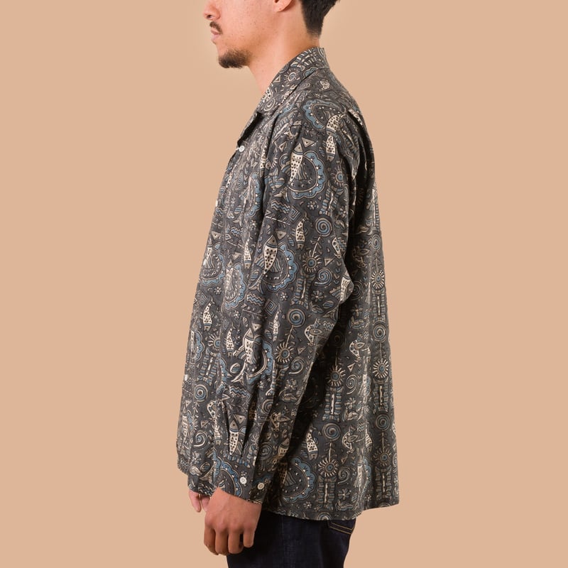 Open Collar Shirt Block Print Navy