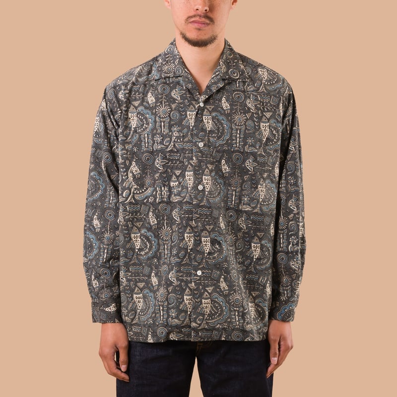 Open Collar Shirt Block Print Navy