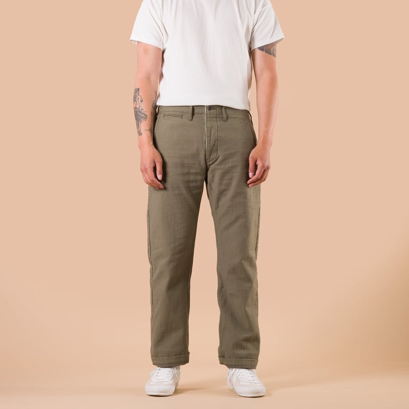 SJ42BP 15oz Heavy Back Satin Selvedge Chino Olive