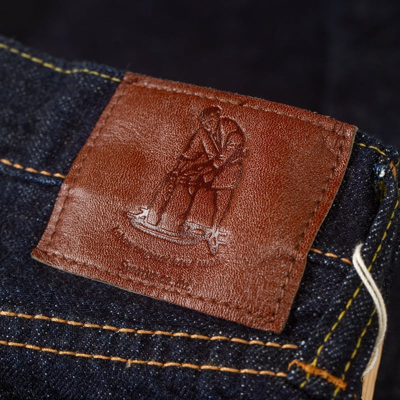 détail flaneurs PURE BLUE JAPAN 14oz Wash Selvedge Denim leather patch