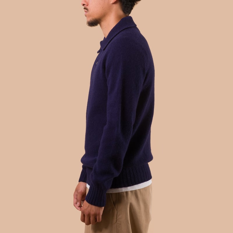 flaneurs pull HARLEY OF SCOTLAND Eton Supersoft Wool 3 Button Polo Neck Navy side