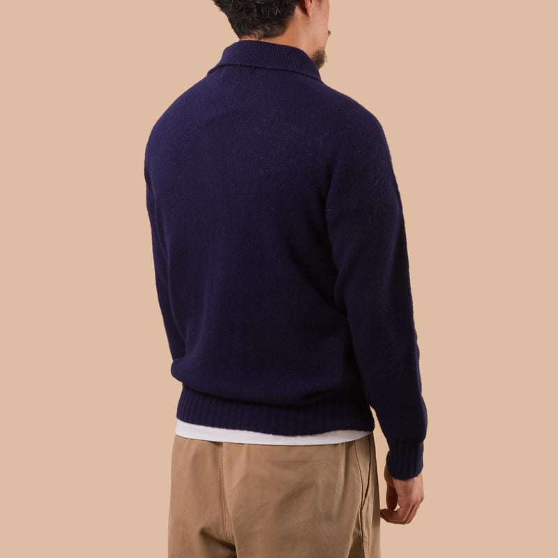 flaneurs pull HARLEY OF SCOTLAND Eton Supersoft Wool 3 Button Polo Neck Navy back