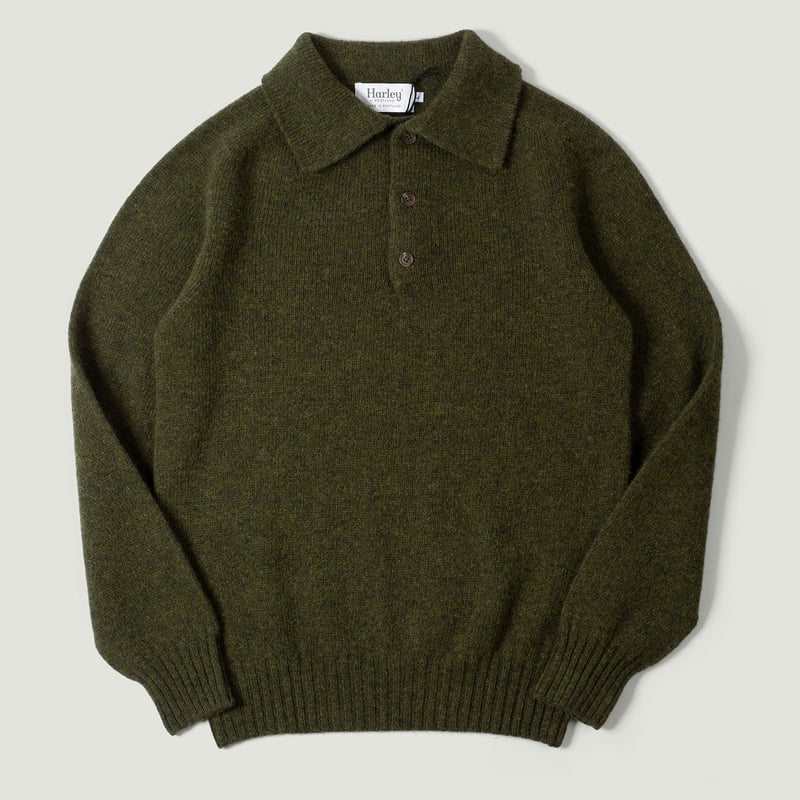 flaneurs pull HARLEY OF SCOTLAND Eton Supersoft Wool 3 Button Polo Neck Scots Pine vignette