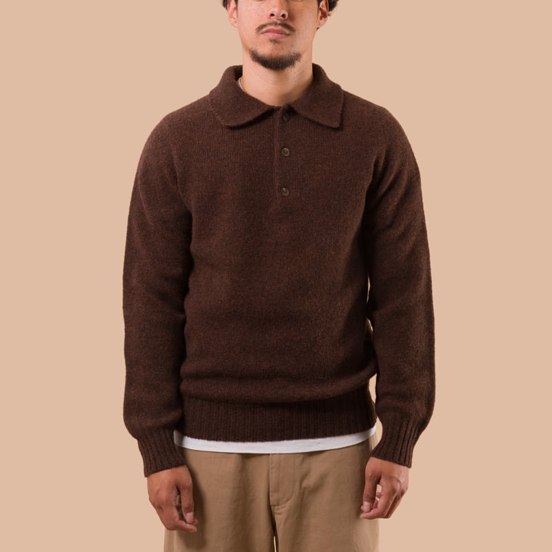 flaneurs pull HARLEY OF SCOTLAND Eton Supersoft Wool 3 Button Polo Neck Marron front