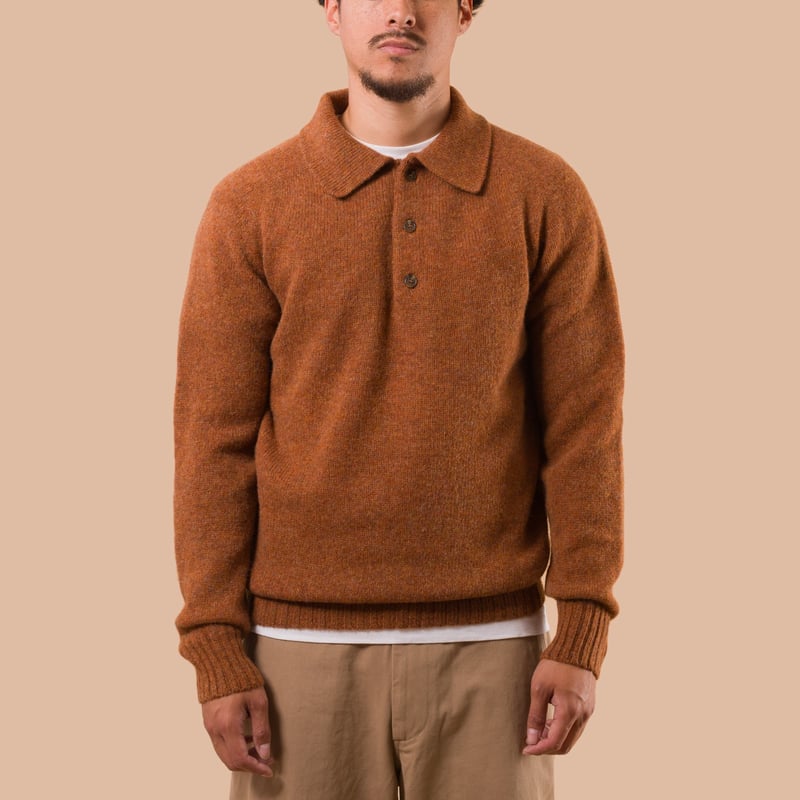 flaneurs pull HARLEY OF SCOTLAND Eton Supersoft Wool 3 Button Polo Neck Whiskey front