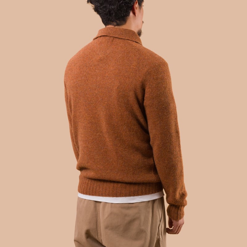 flaneurs pull HARLEY OF SCOTLAND Eton Supersoft Wool 3 Button Polo Neck Whiskey back