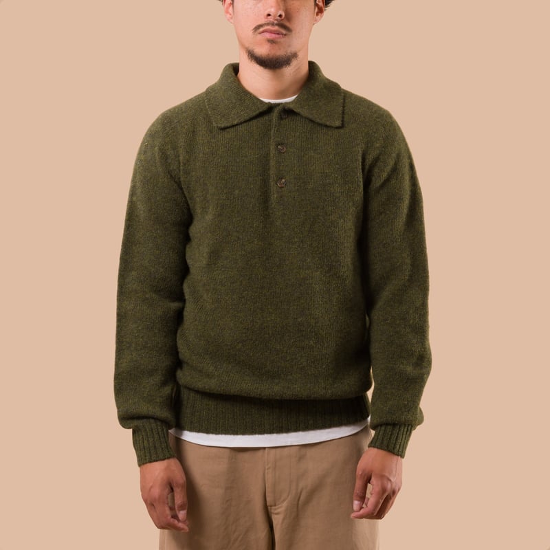 flaneurs pull HARLEY OF SCOTLAND Eton Supersoft Wool 3 Button Polo Neck Scots Pine front