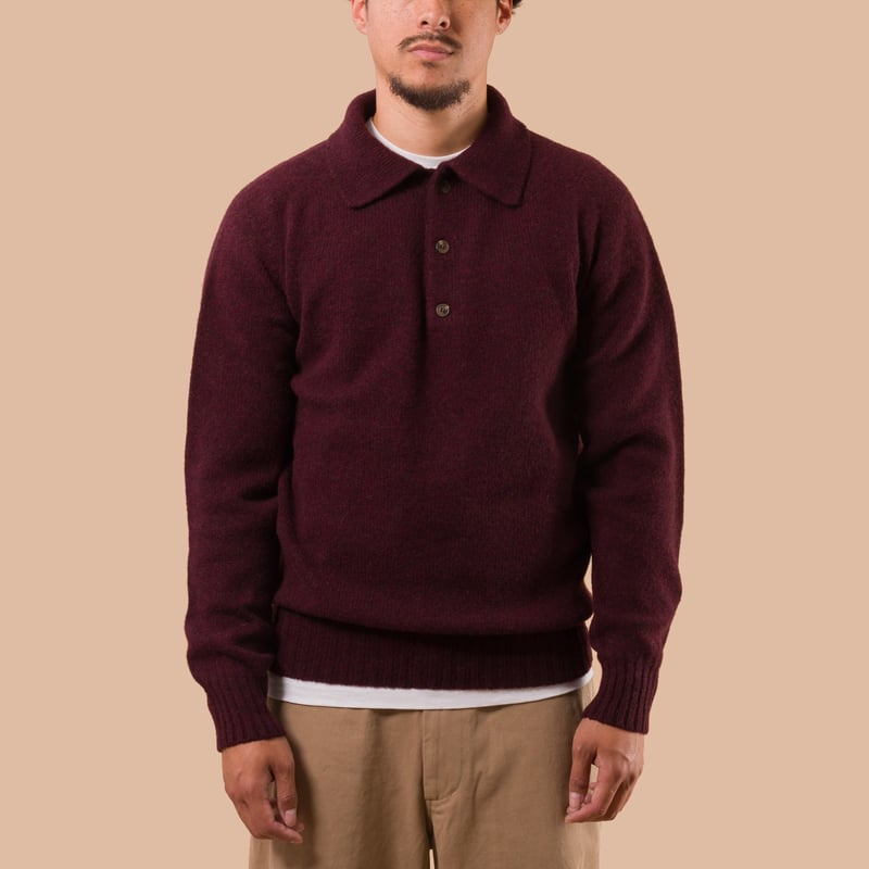 flaneurs pull HARLEY OF SCOTLAND Eton Supersoft Wool 3 Button Polo Neck Beetroot front