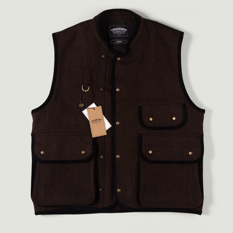 Image flâneurs FRIZMWORKS / Herringbone Wool Hunting Vest Chestnut Black vignette