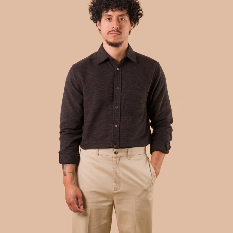 flaneurs Portuguese Flannel Sounds Shirt Brown worn front inside