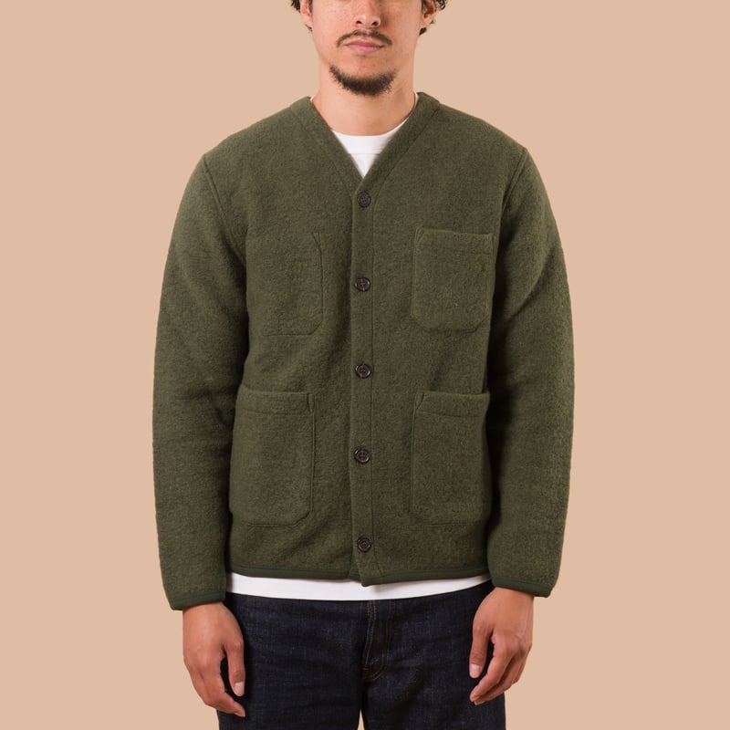 flaneurs worn front UNIVERSAL WORKS Wool Fleece Cardigan olive
