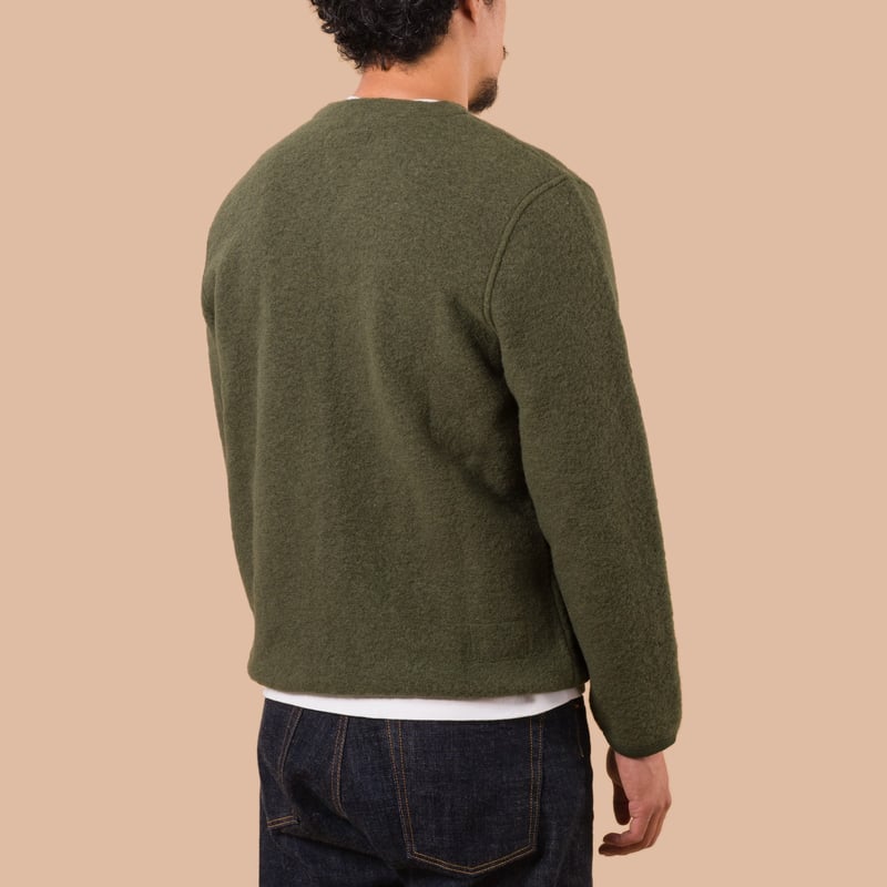 flaneurs worn back UNIVERSAL WORKS Wool Fleece Cardigan olive