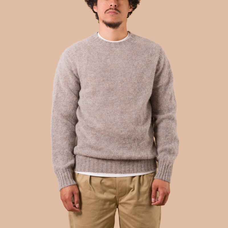 Vignettes Flaneurs Knitwear Shaggy Crew Neck Sweater Pebble worn front