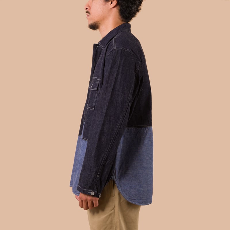 flaneurs NIGEL CABOURN Utility Shirt Type 2 Denim Indigo worn side