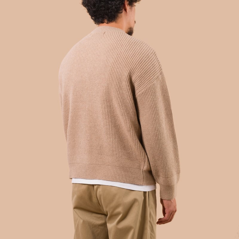 flaneurs Frizmworks Wool Deck Zip Up Cardigan Oatmeal worn back